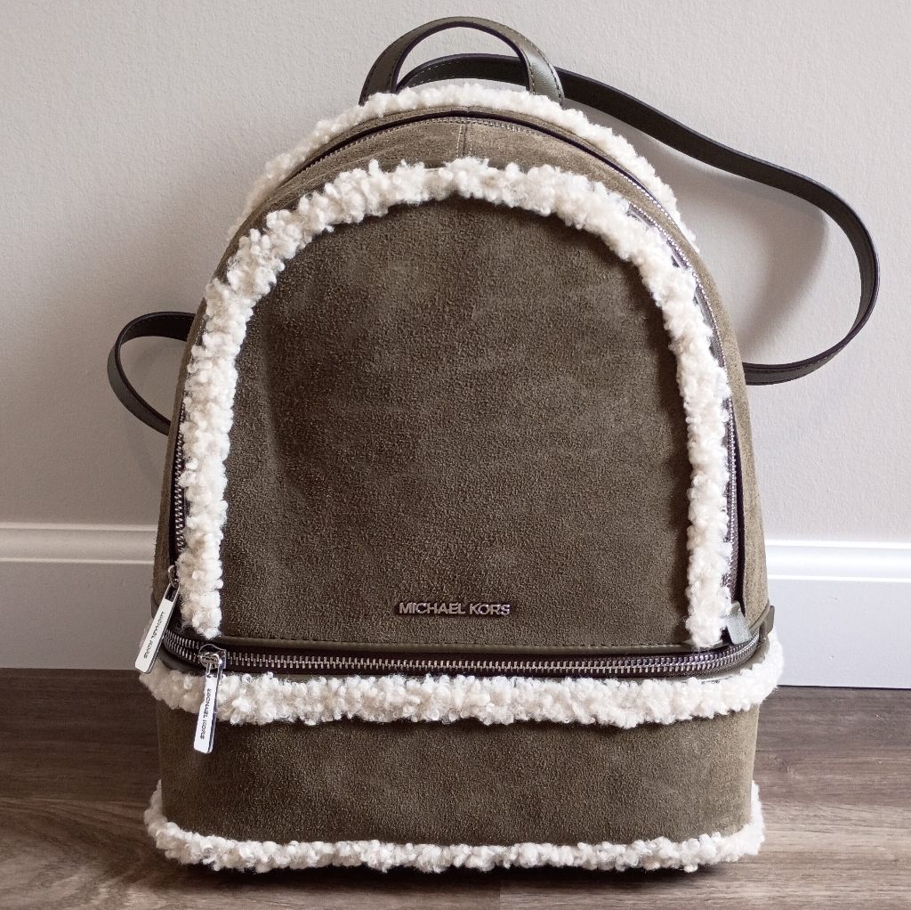 Nwt Michael Kors Rhea Medium Olive Green Suede And Faux Shearling Backpack Bag